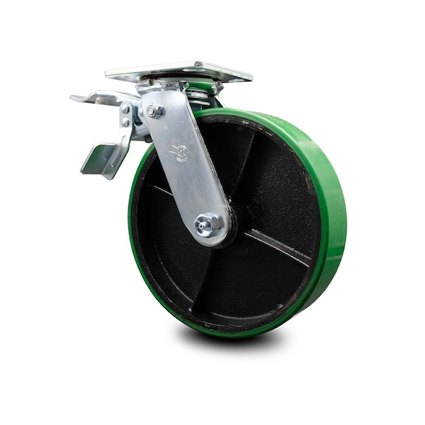 8 Inch Green Poly on Cast Iron Caster with Ball Bearing and Total Lock Brake SCC